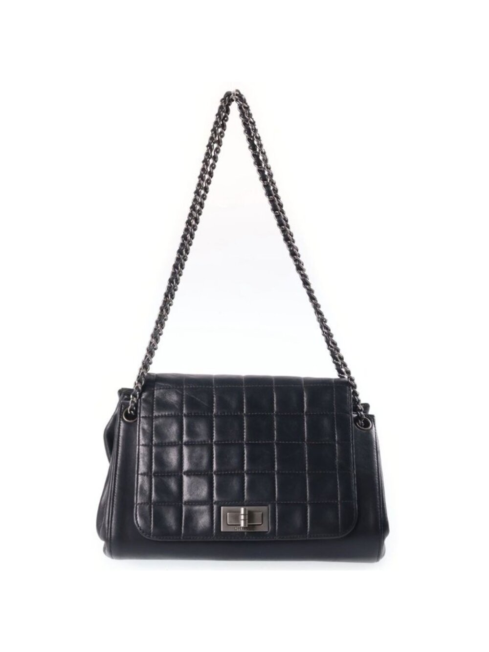 Chanel Choco Bar 2.55 Chain Shoulder Bag Lambskin Black Silver